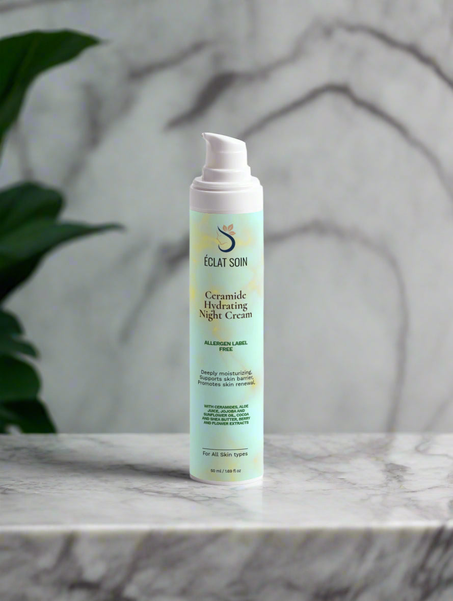 Eclat Soin Ceramide Hydrating Night Cream in a sleek bottle for moisturizing and rejuvenating skin overnight